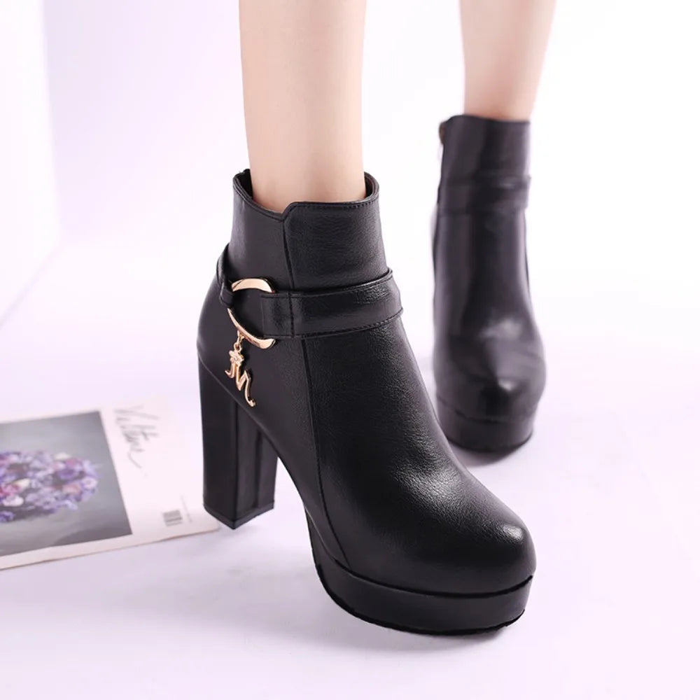 Fashion Ankle Boots Solid Color Round Head Side Zipper Design Autumn Winter Women's Fashion High Heeled Ankle Boot Size 32-43