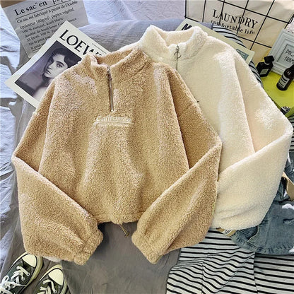 2023 Autumn Solid Letter Half Turtleneck Sweater Women Long Sleeve Loose Tops Zipper Ladies Clothes Sweatshirt Sporty Style