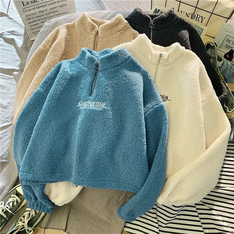 2023 Autumn Solid Letter Half Turtleneck Sweater Women Long Sleeve Loose Tops Zipper Ladies Clothes Sweatshirt Sporty Style