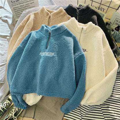 2023 Autumn Solid Letter Half Turtleneck Sweater Women Long Sleeve Loose Tops Zipper Ladies Clothes Sweatshirt Sporty Style