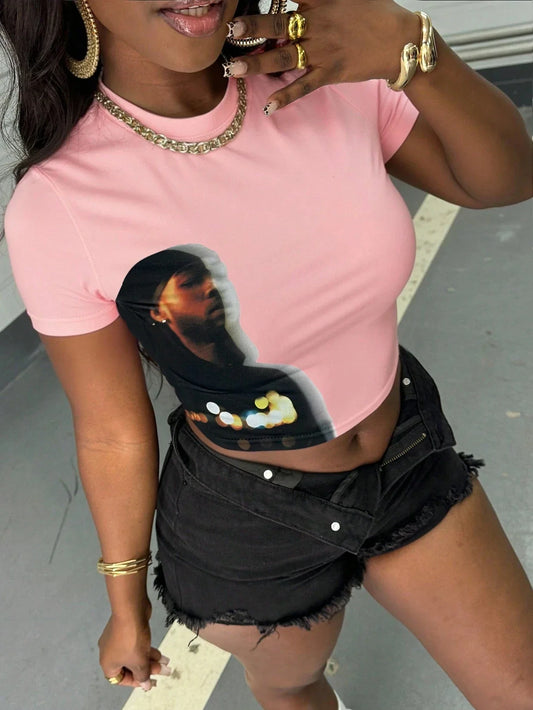 Women's Retro Figure Graphic Y2k Cropped T-Shirt Hip-Hop Elements Summer Daily Wear T-Shirt Y2k Ladies Clothes Female Clothing