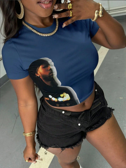 Women's Retro Figure Graphic Y2k Cropped T-Shirt Hip-Hop Elements Summer Daily Wear T-Shirt Y2k Ladies Clothes Female Clothing