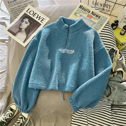 2023 Autumn Solid Letter Half Turtleneck Sweater Women Long Sleeve Loose Tops Zipper Ladies Clothes Sweatshirt Sporty Style