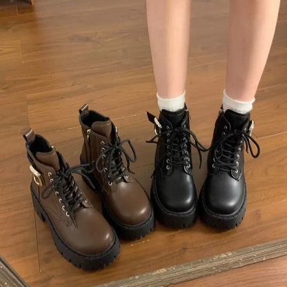 Height Increase Leather Round Toe Woman Short Shoes Spring Autumn Lace-up Chunky Booties High Quality Hot Ankle Boots for Women