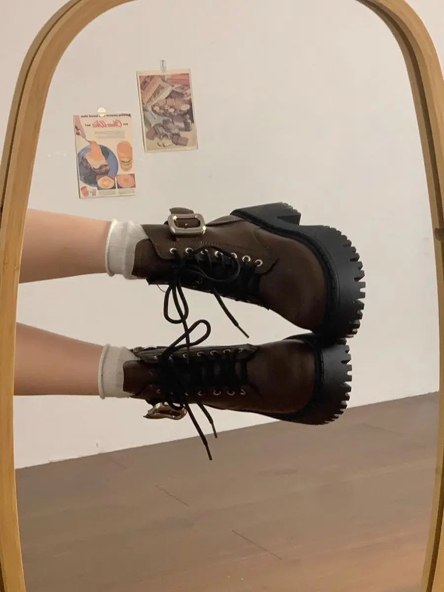 Height Increase Leather Round Toe Woman Short Shoes Spring Autumn Lace-up Chunky Booties High Quality Hot Ankle Boots for Women