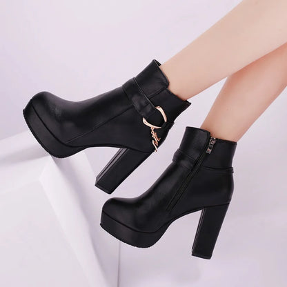 Fashion Ankle Boots Solid Color Round Head Side Zipper Design Autumn Winter Women's Fashion High Heeled Ankle Boot Size 32-43