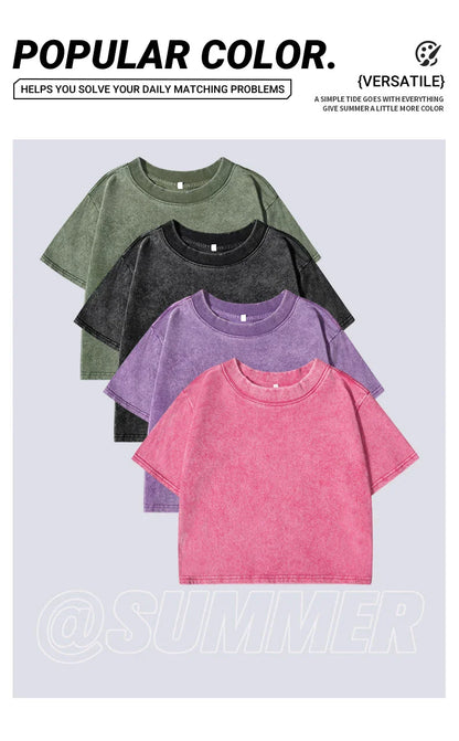 100% Cotton Washed T-Shirts For Women Loose O-Neck Crop Tops Y2k Street Female Clothes Summer Casual Vintage Short Sleeve Tees