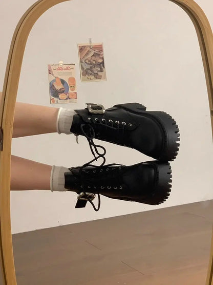 Height Increase Leather Round Toe Woman Short Shoes Spring Autumn Lace-up Chunky Booties High Quality Hot Ankle Boots for Women