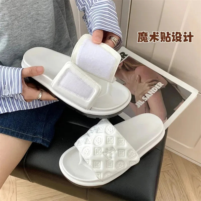 Ladies Magic Sticker Flat Slippers Summer New Designer Luxury Sandals for Women Elegant Home Flat Slippers Zapatos De Mujer