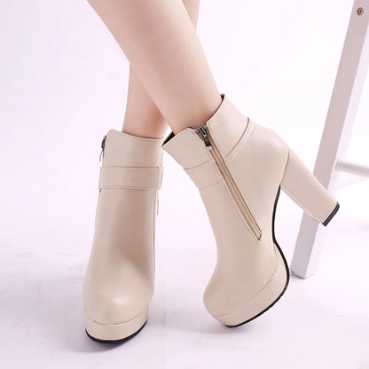 Fashion Ankle Boots Solid Color Round Head Side Zipper Design Autumn Winter Women's Fashion High Heeled Ankle Boot Size 32-43
