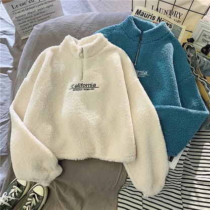 2023 Autumn Solid Letter Half Turtleneck Sweater Women Long Sleeve Loose Tops Zipper Ladies Clothes Sweatshirt Sporty Style