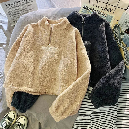 2023 Autumn Solid Letter Half Turtleneck Sweater Women Long Sleeve Loose Tops Zipper Ladies Clothes Sweatshirt Sporty Style