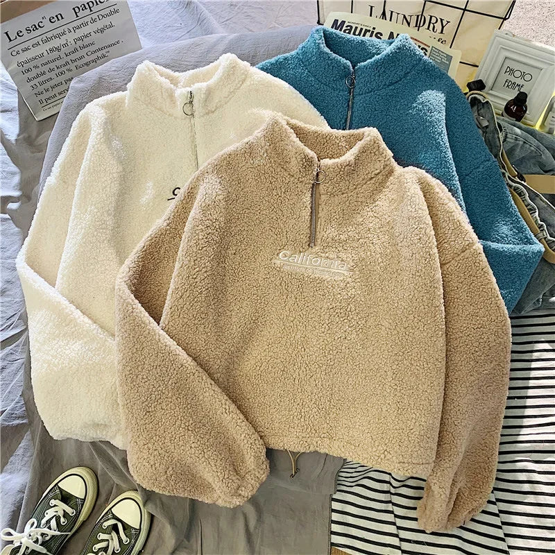 2023 Autumn Solid Letter Half Turtleneck Sweater Women Long Sleeve Loose Tops Zipper Ladies Clothes Sweatshirt Sporty Style