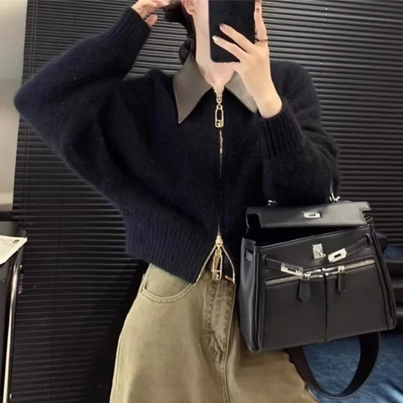 2025 Autumn Winter New knitted Cardigan Sweater Women Fashion Long-Sleeved Polo Collar Short Coat Female Loose Sweater Lady Tops