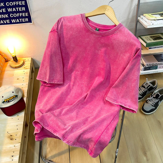 Vintage Snowflake Point Solid Color T-Shirts Women Men Cotton Short Sleeve Wash With Old Water Street Hip Hop Couple Tee Shirt