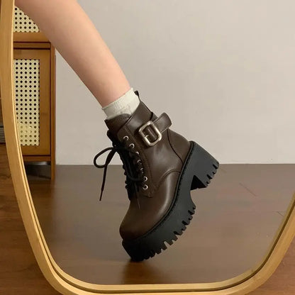 Height Increase Leather Round Toe Woman Short Shoes Spring Autumn Lace-up Chunky Booties High Quality Hot Ankle Boots for Women