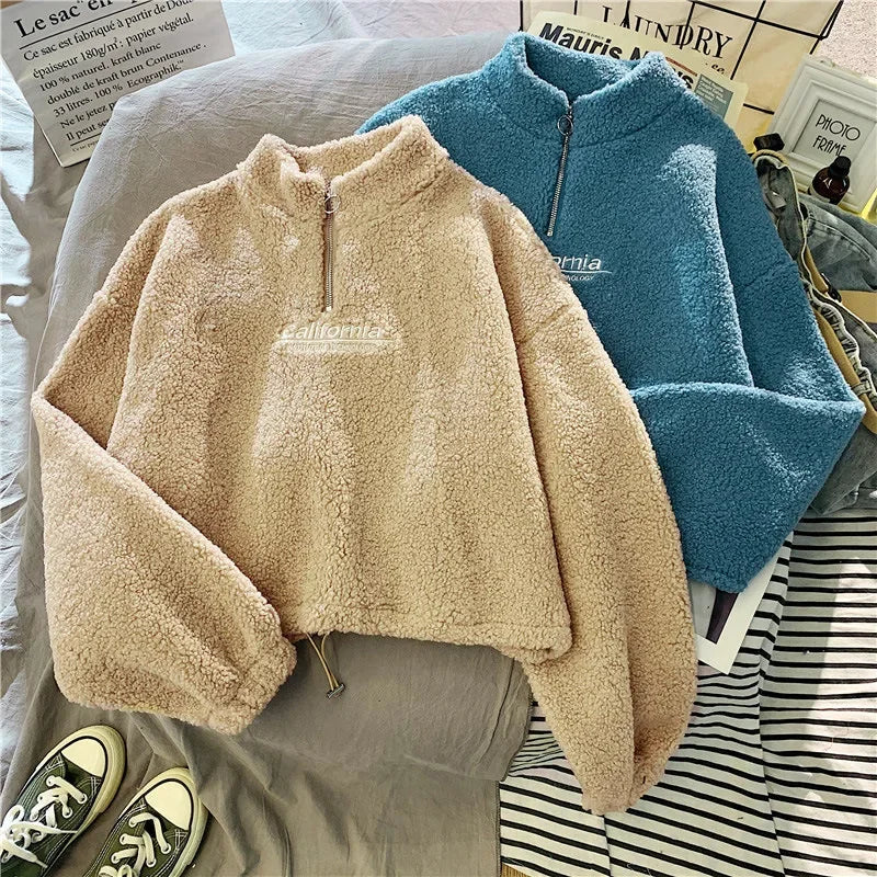 2023 Autumn Solid Letter Half Turtleneck Sweater Women Long Sleeve Loose Tops Zipper Ladies Clothes Sweatshirt Sporty Style