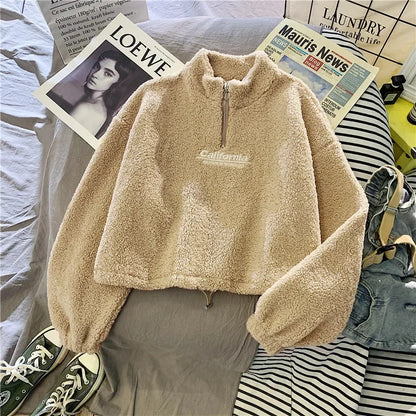 2023 Autumn Solid Letter Half Turtleneck Sweater Women Long Sleeve Loose Tops Zipper Ladies Clothes Sweatshirt Sporty Style