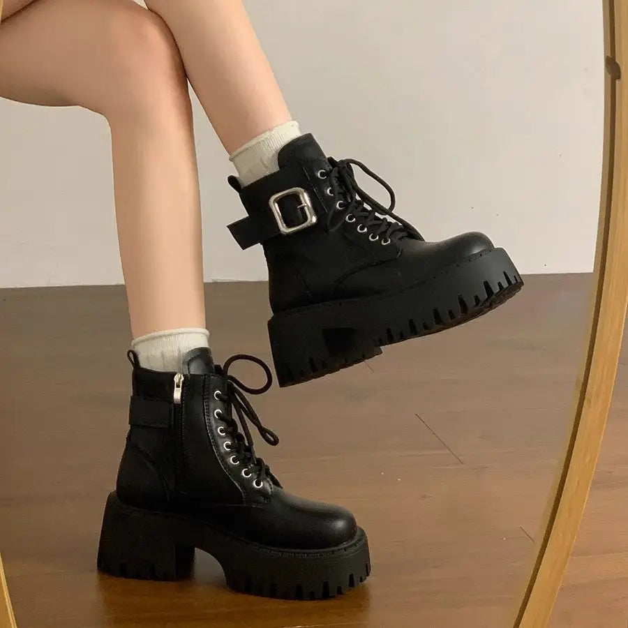 Height Increase Leather Round Toe Woman Short Shoes Spring Autumn Lace-up Chunky Booties High Quality Hot Ankle Boots for Women
