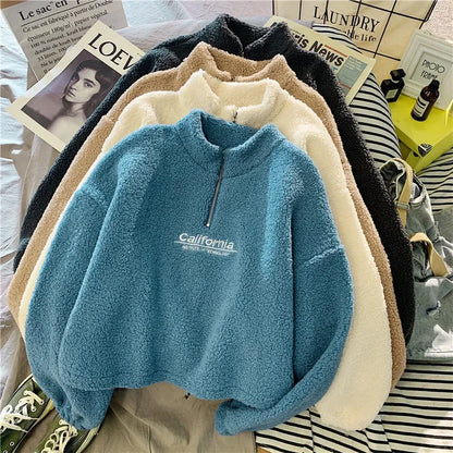 2023 Autumn Solid Letter Half Turtleneck Sweater Women Long Sleeve Loose Tops Zipper Ladies Clothes Sweatshirt Sporty Style