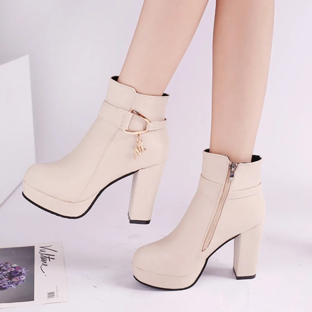 Fashion Ankle Boots Solid Color Round Head Side Zipper Design Autumn Winter Women's Fashion High Heeled Ankle Boot Size 32-43