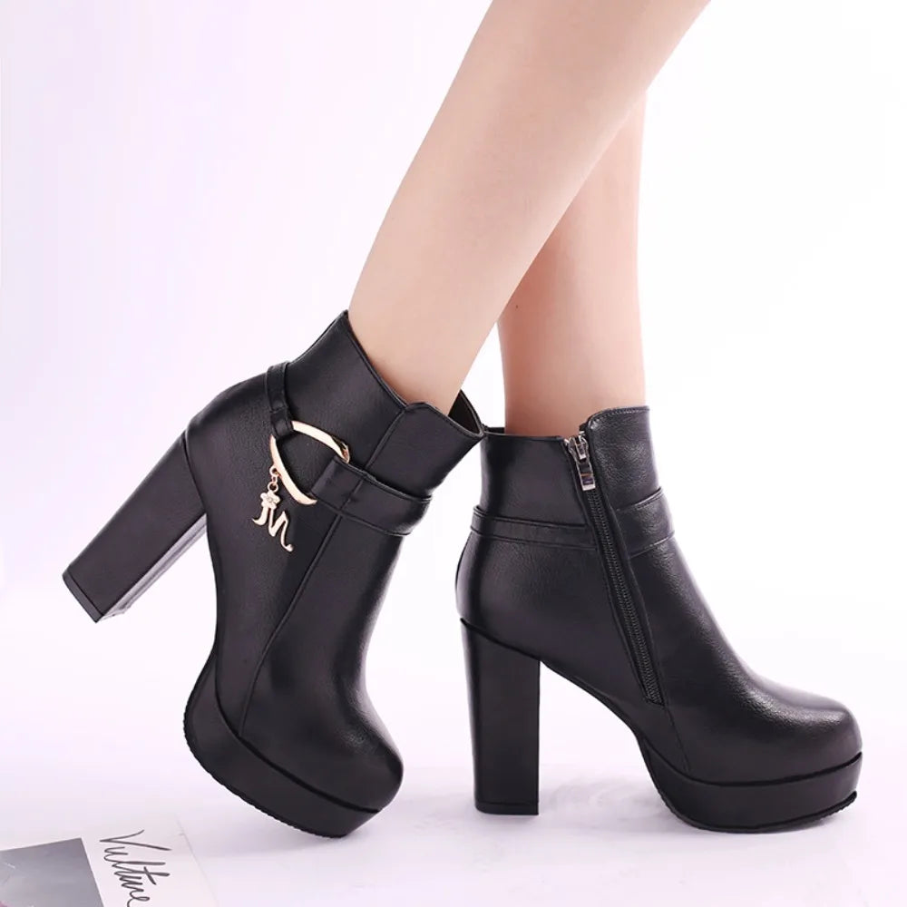 Fashion Ankle Boots Solid Color Round Head Side Zipper Design Autumn Winter Women's Fashion High Heeled Ankle Boot Size 32-43