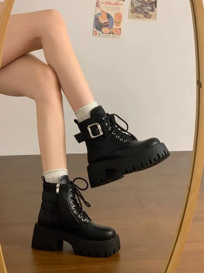 Height Increase Leather Round Toe Woman Short Shoes Spring Autumn Lace-up Chunky Booties High Quality Hot Ankle Boots for Women
