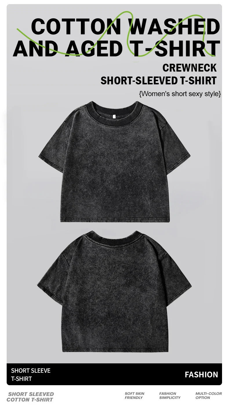 100% Cotton Washed T-Shirts For Women Loose O-Neck Crop Tops Y2k Street Female Clothes Summer Casual Vintage Short Sleeve Tees