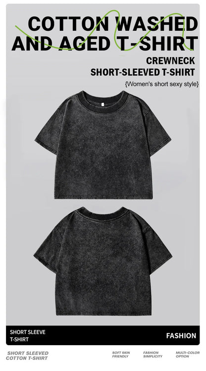 100% Cotton Washed T-Shirts For Women Loose O-Neck Crop Tops Y2k Street Female Clothes Summer Casual Vintage Short Sleeve Tees