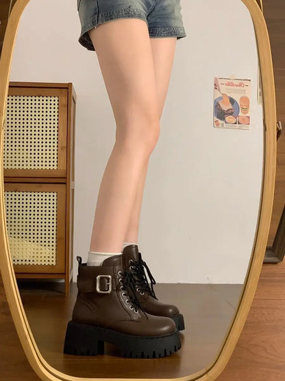 Height Increase Leather Round Toe Woman Short Shoes Spring Autumn Lace-up Chunky Booties High Quality Hot Ankle Boots for Women