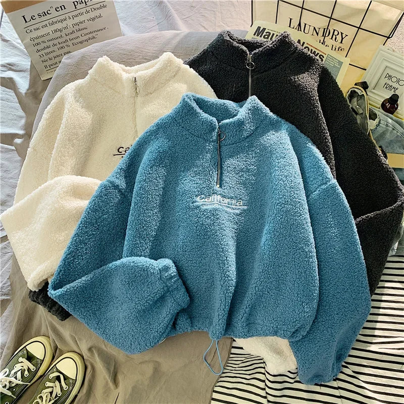 2023 Autumn Solid Letter Half Turtleneck Sweater Women Long Sleeve Loose Tops Zipper Ladies Clothes Sweatshirt Sporty Style
