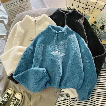 2023 Autumn Solid Letter Half Turtleneck Sweater Women Long Sleeve Loose Tops Zipper Ladies Clothes Sweatshirt Sporty Style