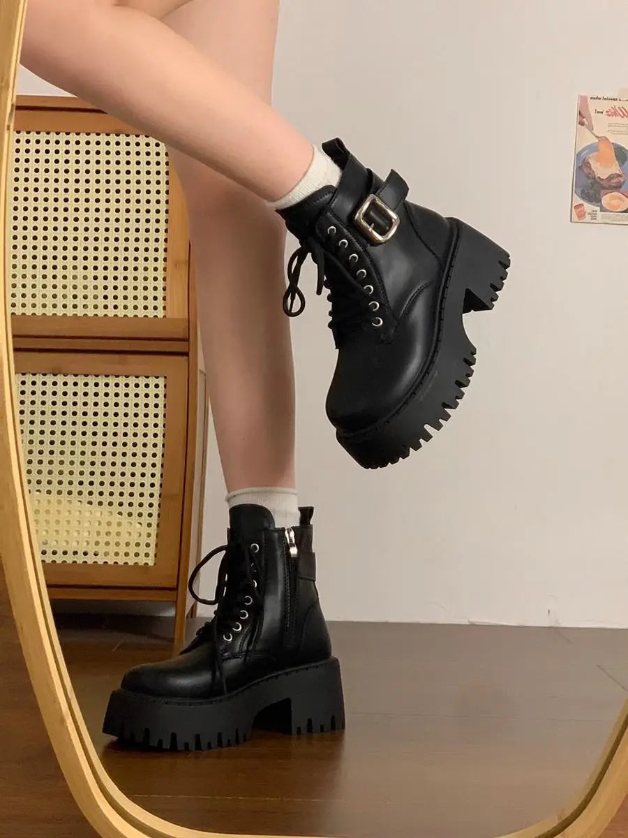 Height Increase Leather Round Toe Woman Short Shoes Spring Autumn Lace-up Chunky Booties High Quality Hot Ankle Boots for Women