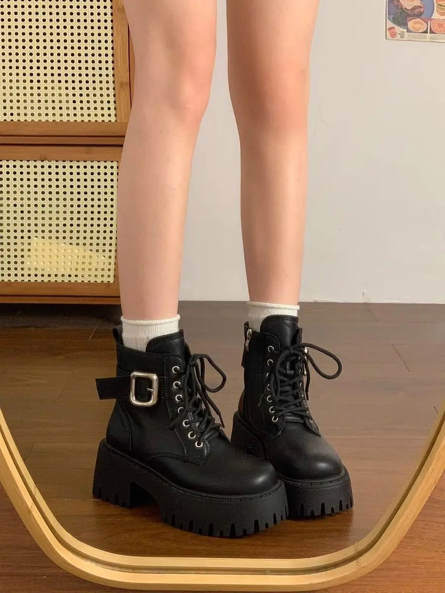 Height Increase Leather Round Toe Woman Short Shoes Spring Autumn Lace-up Chunky Booties High Quality Hot Ankle Boots for Women