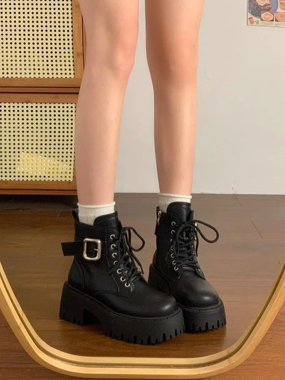 Height Increase Leather Round Toe Woman Short Shoes Spring Autumn Lace-up Chunky Booties High Quality Hot Ankle Boots for Women