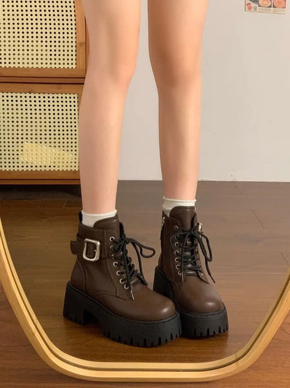 Height Increase Leather Round Toe Woman Short Shoes Spring Autumn Lace-up Chunky Booties High Quality Hot Ankle Boots for Women