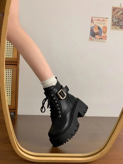 Height Increase Leather Round Toe Woman Short Shoes Spring Autumn Lace-up Chunky Booties High Quality Hot Ankle Boots for Women