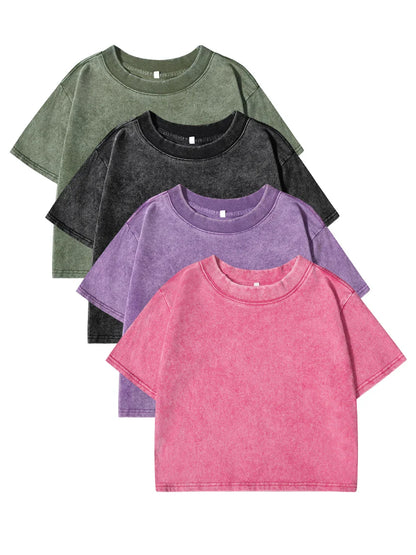 100% Cotton Washed T-Shirts For Women Loose O-Neck Crop Tops Y2k Street Female Clothes Summer Casual Vintage Short Sleeve Tees