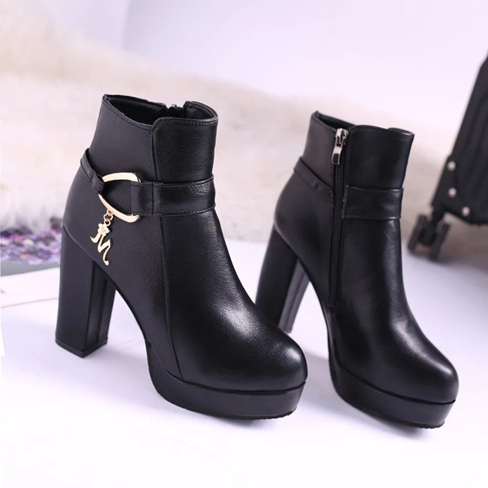 Fashion Ankle Boots Solid Color Round Head Side Zipper Design Autumn Winter Women's Fashion High Heeled Ankle Boot Size 32-43